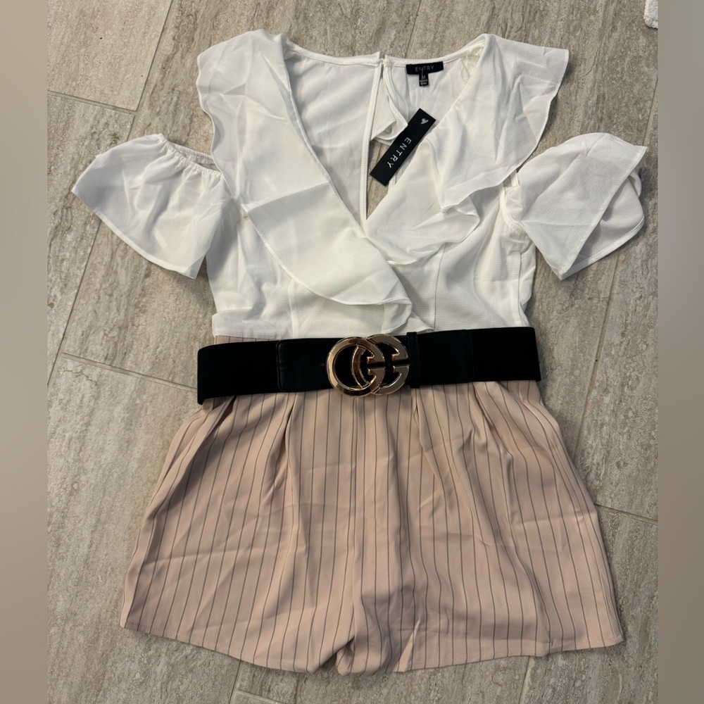 Entry Pin Striped Open Back Romper